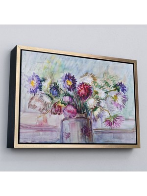 Marsilyan Çerçeveli Aster Çiçeği Yağlı Boya Görünümlü Dekoratif Duvar TABLOSU-3456