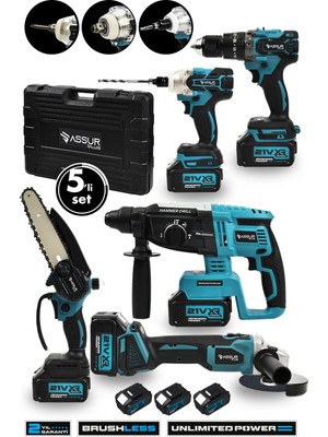 Assur Plus 21V Akülü 5'li Set Kırıcı Delici Hilti Taşlama Somun Sıkma Akülü Vidalama Budama Testeresi