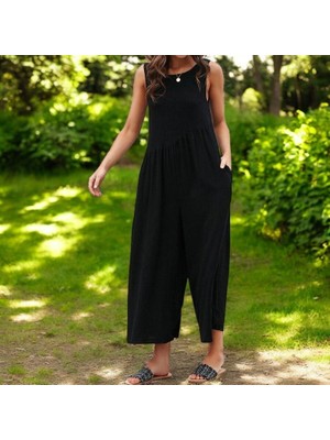 Keten Yazlık Günlük Sırt Dekolteli Salaş Kadın Tulum