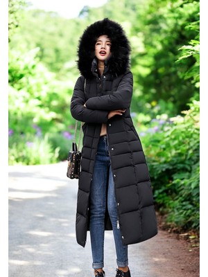 Kışlık Uzun Kürklü Kapüşonlu Kadın Şişme Mont