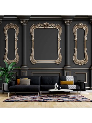 3D Siyah Sütun Altın Çerçeve Motif Duvar Kağıdı Baskı