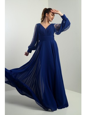 By Saygı Ön Arka V Yaka Önü Drapeli Kolları Tül Astarlı Geniş Beden Aralıklı Uzun Şifon Elbise