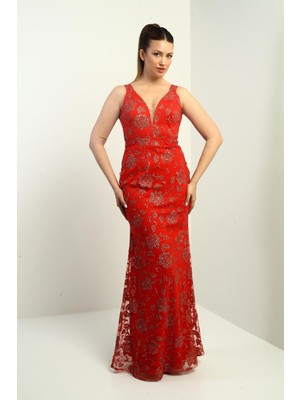 By Saygı Kadın Kalın Askılı Astarlı Tül Gritter Uzun Abiye Elbise