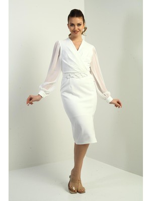 By Saygı Kadın Boncuklu Kruvaze Yaka Astarlı Beli Kemerli Şifon Kollu Midi Elbise