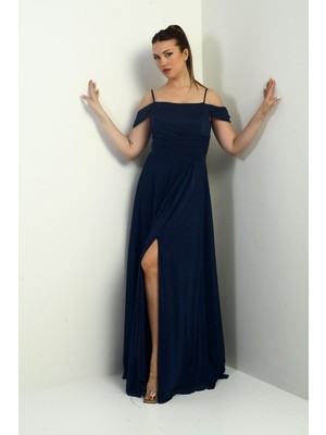 Kadın Ip Askılı Eteği Kloş Astarlı Uzun Simli Elbise