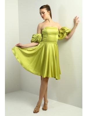 Kadın Straplez Karpuz Takma Kollu Astarlı Kısa Kloş Krep Saten Elbise