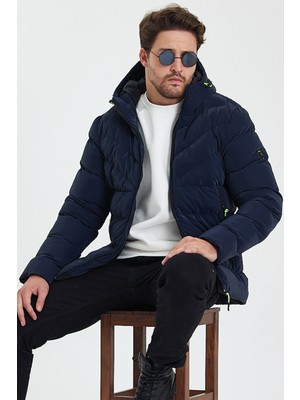 Lacivert Nano Kumaş Su ve Rüzgar Geçirmez Kapüşonlu Kalın Şişme Kaban&mont