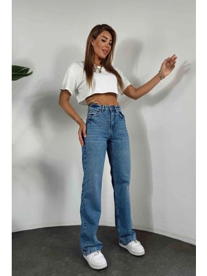 Fibula Butikyüksek Bel Taşlı Geniş Paça Mavi Jean Pantolon