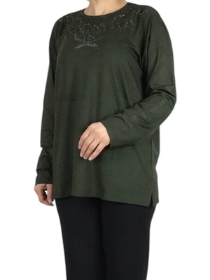 Ece Giyim Kadın Yakası Taşlı Likralı Büyük Beden Bluz