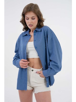 Kadın Indigo Inci Taş Detaylı Kot Gömlek 29069