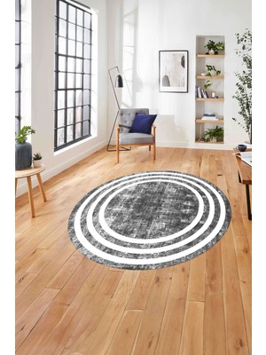 Napoli Home Çerçeveli Sade Çizgi Desenli Yıkanabilir Kaymaz Yuvarlak Salon Halısı, Çerçeveli-Y-53-Gri,
