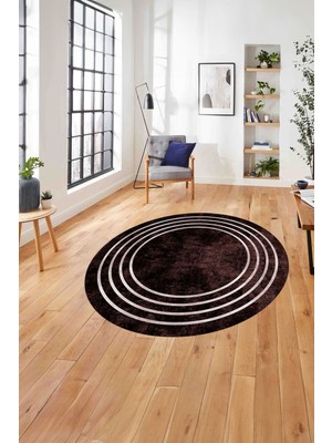 Napoli Home Çerçeveli Zigzag Köşe Detaylı Yıkanabilir Kaymaz Yuvarlak Salon Halısı, Çerçeveli-Y-58-Bordo,