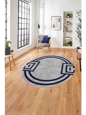 Napoli Home Çerçeveli Geometrik Desenli Yıkanabilir Kaymaz Yuvarlak Salon Halısı, Çerçeveli-Y-65-Lacivert,