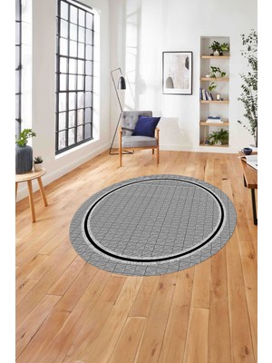 Napoli Home Çerçeveli Çizgi Detaylı Baskılı Yıkanabilir Kaymaz Yuvarlak Salon Halısı, Çerçeveli-Y-79-Gri,