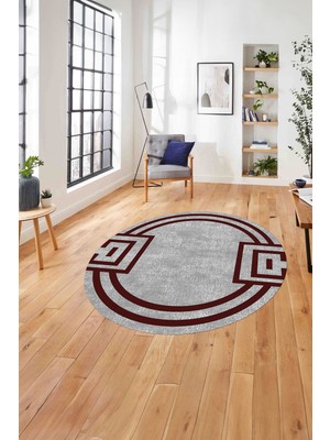 Napoli Home Çerçeveli Geometrik Desenli Yıkanabilir Kaymaz Yuvarlak Salon Halısı, Çerçeveli-Y-65-Bordo,