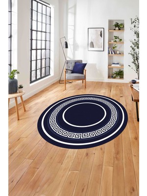 Napoli Home Çerçeveli Kenar Desenli Yıkanabilir Kaymaz Yuvarlak Salon Halısı, Çerçeveli-Y-92-Lacivert,