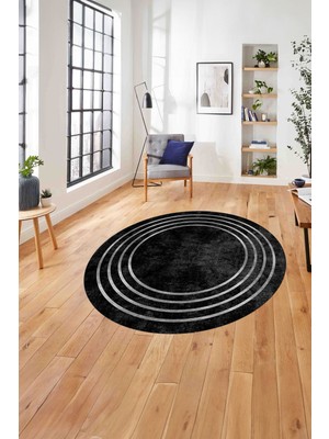 Napoli Home Çerçeveli Zigzag Köşe Detaylı Yıkanabilir Kaymaz Yuvarlak Salon Halısı, Çerçeveli-Y-58-Gri,