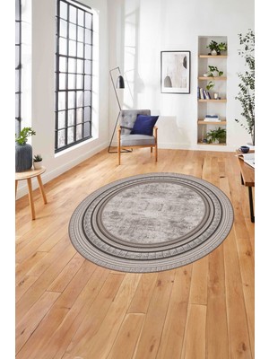 Napoli Home Çerçeveli Kenar Geometrik Model Yıkanabilir Kaymaz Yuvarlak Salon Halısı, Çerçeveli-Y-72-Vizon,