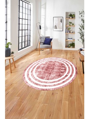 Napoli Home Çerçeveli Sade Çizgi Desenli Yıkanabilir Kaymaz Yuvarlak Salon Halısı, Çerçeveli-Y-53-Pembe,