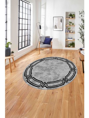 Napoli Home Çerçeveli Kenar Halka Modelli Yıkanabilir Kaymaz Yuvarlak Salon Halısı, Çerçeveli-Y-66-Gri,