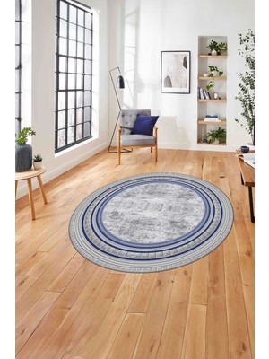 Napoli Home Çerçeveli Kenar Geometrik Model Yıkanabilir Kaymaz Yuvarlak Salon Halısı, Çerçeveli-Y-72-Mavi,