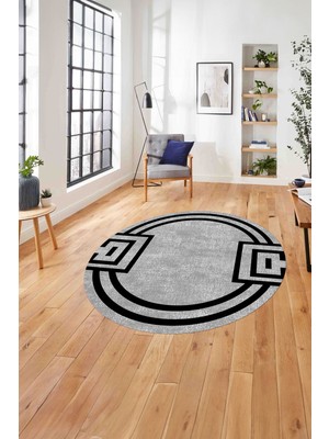Napoli Home Çerçeveli Geometrik Desenli Yıkanabilir Kaymaz Yuvarlak Salon Halısı, Çerçeveli-Y-65-Gri,