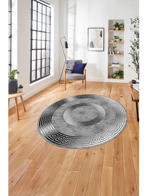 Napoli Home Çerçeveli Modern Göbekli Desen Yıkanabilir Kaymaz Yuvarlak Salon Halısı, ÇERÇEVELİ-Y-111-GRİ,
