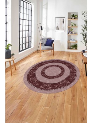 Napoli Home Çerçeveli Çiçek Motifli Yıkanabilir Kaymaz Yuvarlak Salon Halısı, Çerçeveli-Y-85-Bordo,