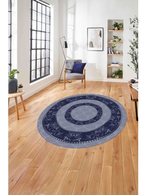 Napoli Home Çerçeveli Çiçek Motifli Yıkanabilir Kaymaz Yuvarlak Salon Halısı, Çerçeveli-Y-85-Lacivert,