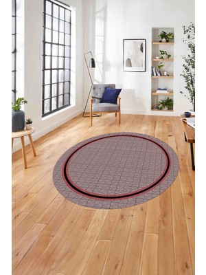 Napoli Home Çerçeveli Çizgi Detaylı Baskılı Yıkanabilir Kaymaz Yuvarlak Salon Halısı, Çerçeveli-Y-79-Bordo,