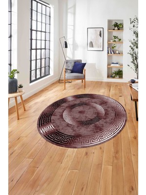 Napoli Home Çerçeveli Modern Göbekli Desen Yıkanabilir Kaymaz Yuvarlak Salon Halısı, ÇERÇEVELİ-Y-111-BORDO,