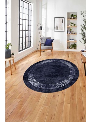 Napoli Home Çerçeveli Modern Baskılı Yıkanabilir Kaymaz Yuvarlak Salon Halısı, Çerçeveli-Y-99-Lacivert,