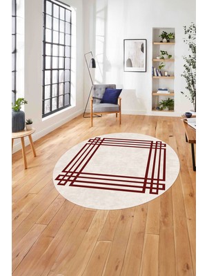 Napoli Home Çerçeveli Geometrik Motifli Yıkanabilir Kaymaz Yuvarlak Salon Halısı, Çerçeveli-Y-67-Bordo,