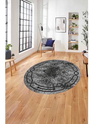 Napoli Home Çerçeveli Hitit Kesme Modelli Yıkanabilir Kaymaz Yuvarlak Salon Halısı, Çerçeveli-Y-63-Gri,