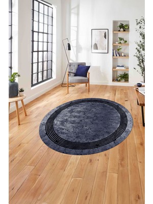 Napoli Home Çerçeveli Sade Mermer Desenli Yıkanabilir Kaymaz Yuvarlak Salon Halısı, ÇERÇEVELİ-Y-105-LACİVERT,