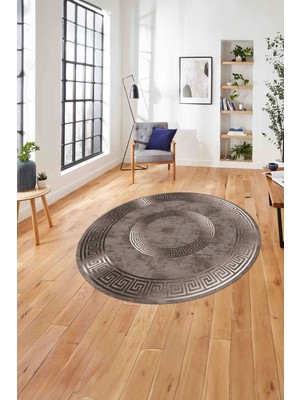 Napoli Home Çerçeveli Modern Göbekli Desen Yıkanabilir Kaymaz Yuvarlak Salon Halısı, ÇERÇEVELİ-Y-111-VİZON,
