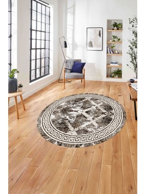 Napoli Home Çerçeveli Hasır Görünümlü Yıkanabilir Kaymaz Yuvarlak Salon Halısı, ÇERÇEVELİ-Y-112-KAHVE,