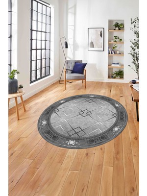 Napoli Home Çerçeveli Üçgen Detaylı Desen Yıkanabilir Kaymaz Yuvarlak Salon Halısı, Çerçeveli-Y-75-Gri,