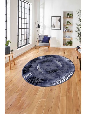 Napoli Home Çerçeveli Modern Göbekli Desen Yıkanabilir Kaymaz Yuvarlak Salon HALISI,ÇERÇEVELİ-Y-111-LACİVERT,