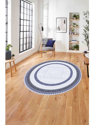 Napoli Home Çerçeveli Vektörel Klasik Model Yıkanabilir Kaymaz Yuvarlak Salon Halısı,çerçeveli-Y-93-Lacivert,