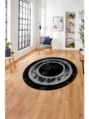Napoli Home Çerçeveli Klasik Modern Baskı Yıkanabilir Kaymaz Yuvarlak Salon Halısı, ÇERÇEVELİ-Y-130-ANTRASİT,