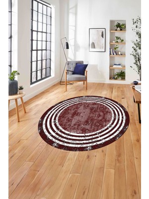 Napoli Home Çerçeveli Çizgi Detaylı Yıkanabilir Kaymaz Yuvarlak Salon Halısı, Çerçeveli-Y-57-Kırmızı,