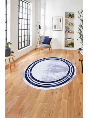 Napoli Home Çerçeveli Dekoratif Baskılı Yıkanabilir Kaymaz Yuvarlak Salon Halısı, Çerçeveli-Y-68-Lacivert,
