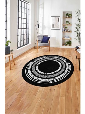 Napoli Home Çerçeveli Klasik Dekoratif Baskılı Yıkanabilir Kaymaz Yuvarlak Salon Halısı,çerçeveli-Y-81-Siyah,