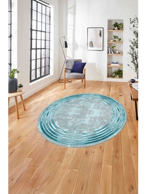 Napoli Home Çerçeveli Çizgi Detaylı Baskılı Yıkanabilir Kaymaz Yuvarlak Salon Halısı,çerçeveli-Y-87-Turkuaz,