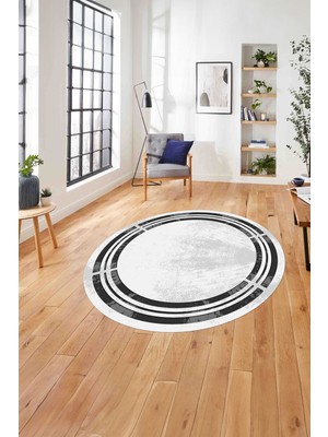 Napoli Home Çerçeveli Dekoratif Baskılı Yıkanabilir Kaymaz Yuvarlak Salon Halısı, Çerçeveli-Y-68-Gri,