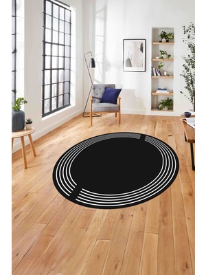 Napoli Home Çerçeveli Düz Çizgi Desenli Yıkanabilir Kaymaz Yuvarlak Salon Halısı, ÇERÇEVELİ-Y-102-ANTRASİT,