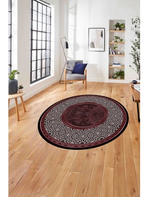 Napoli Home Çerçeveli Klasik Şekilli Modern Yıkanabilir Kaymaz Yuvarlak Salon Halısı, ÇERÇEVELİ-Y-129-BORDO,