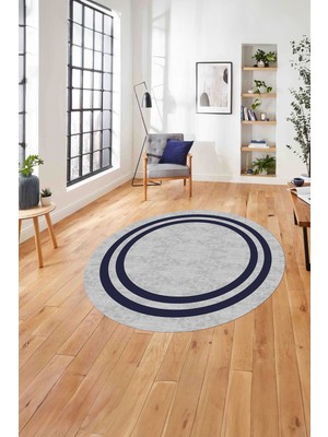 Napoli Home Çerçeveli Kenar Çizgi Desenli Yıkanabilir Kaymaz Yuvarlak Salon Halısı, Çerçeveli-Y-56-Lacivert,