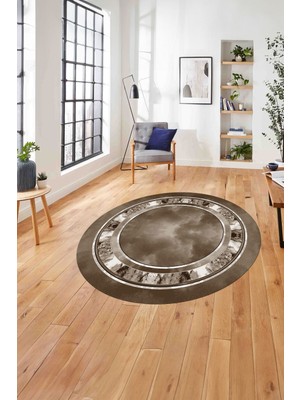 Napoli Home Çerçeveli Modern Dijital Baskılı Yıkanabilir Kaymaz Yuvarlak Salon Halısı, ÇERÇEVELİ-Y-117-KAHVE,